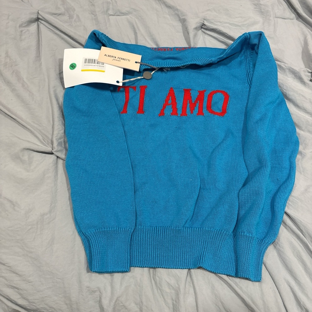 Alberta Ferretti Teal Off-the-Shoulder Sweater size on tag